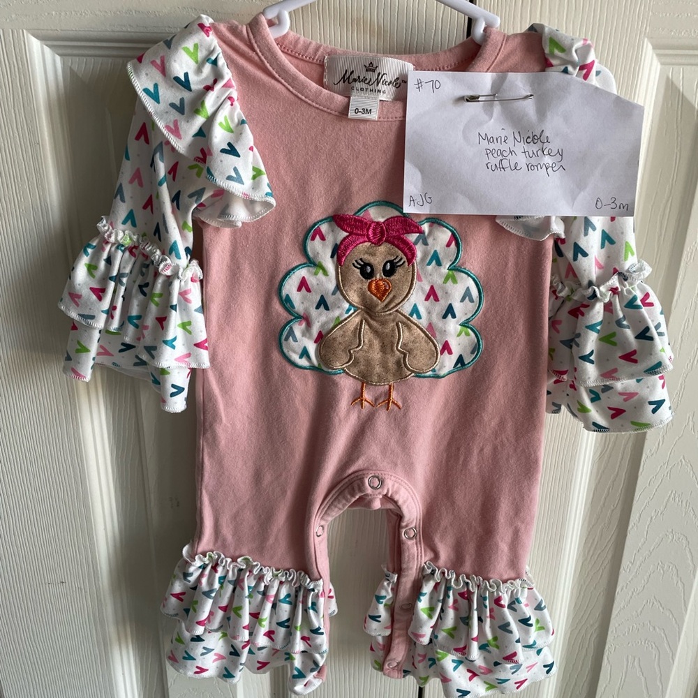 Marie Nicole 0-3mo GUC turkey ruffle romper